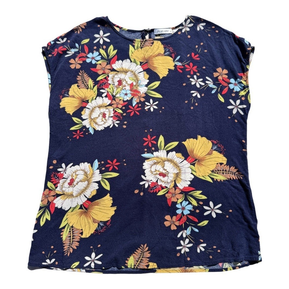 Torary 100%‎ Rayon Navy Blue Floral Print Crepe Blouse Drop Shoulder Size M Boho